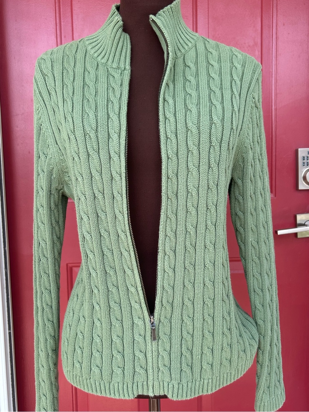L.L. BEAN sL wmn Moss Green Cable-Knit Full Zip Cardigan-💯soft cotton-